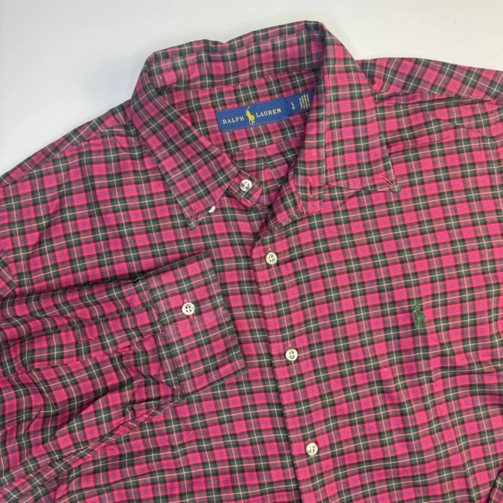 Polo Ralph Lauren‎ Button Down Shirt Mens Large Red Green Plaid Long Sleeve Pony